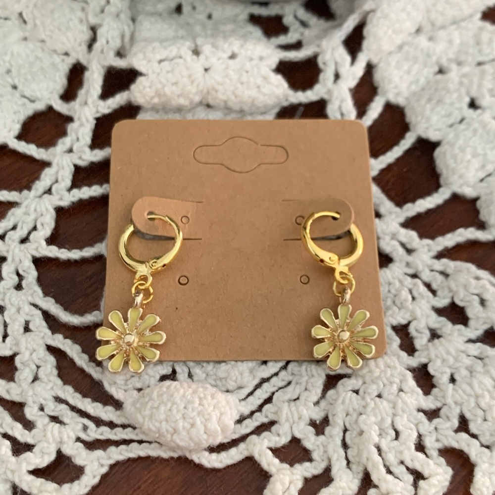 *3 for $20* Yellow and Gold Enamel Flower Huggie Hoop Earrings